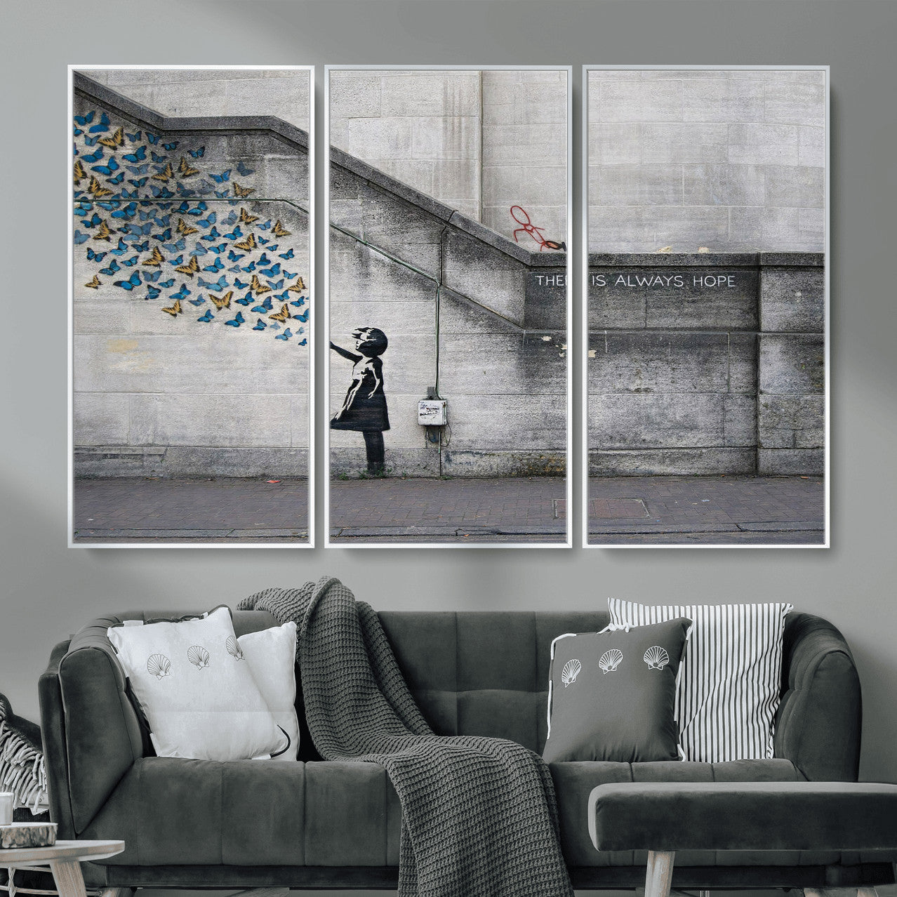 15274223-MGV-CV-36X24 - Banksy Girl with Butterflies Street Art Wall Art Canvas Print, Hope Graffiti Urban Art Canvas Print, Minimalist Inspirational Street Art Contemporary Art Printing