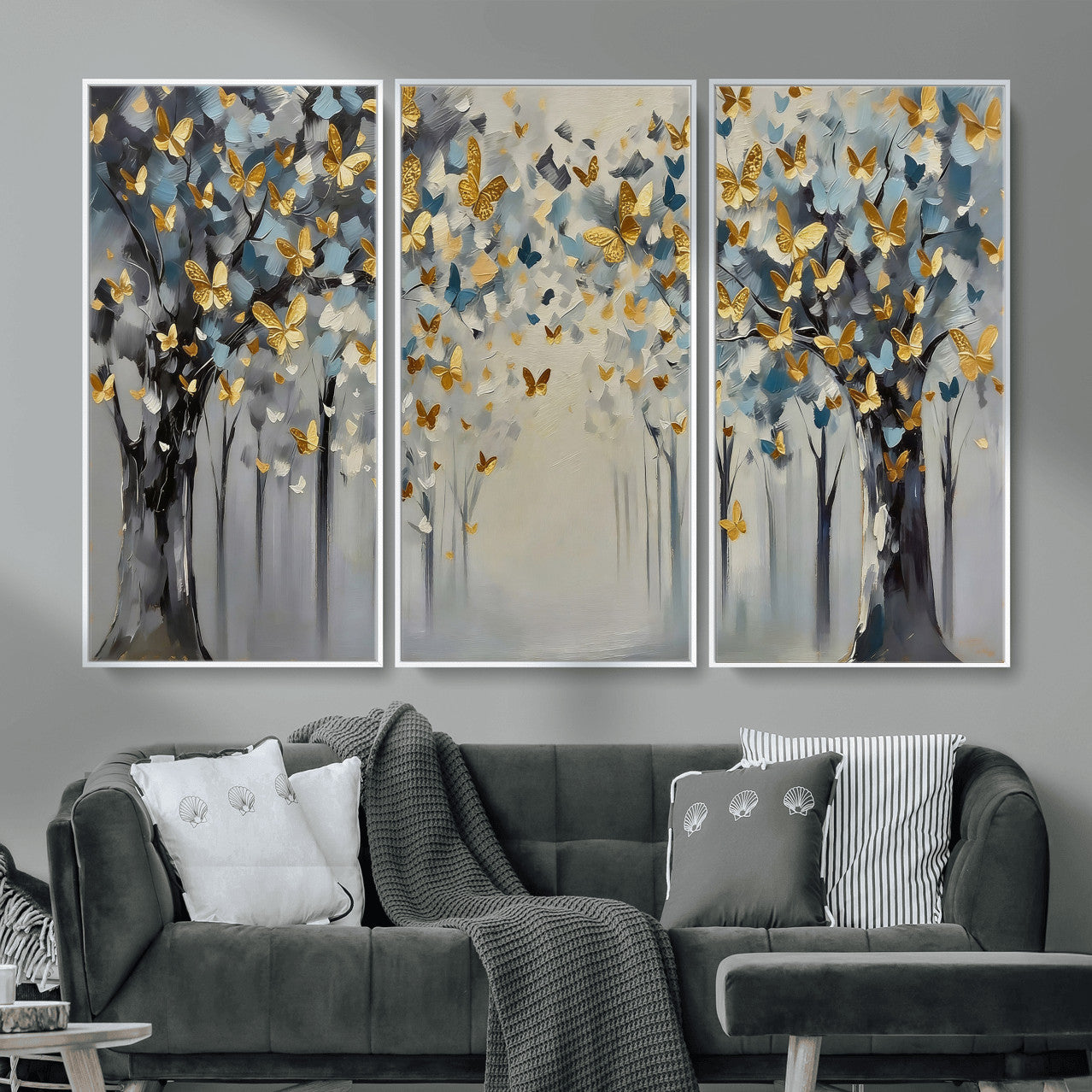 79208191-MGV-CV-36X24 - Golden Butterfly Tree Abstract Wall Art Canvas Print, Modern Elegant Nature Painting Canvas Print, Blue Gold Contemporary Floral Art Printing