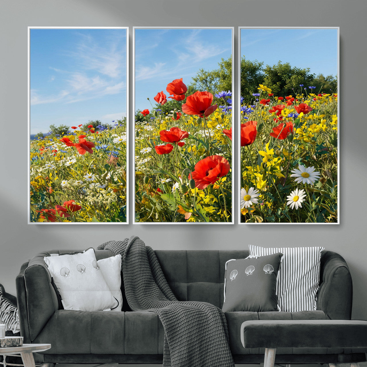 38570784-MGV-CV-36X24 - Wildflower Meadow Wall Art Canvas Print – Colorful Poppy and Daisy Field Landscape Artwork for Living Room Decor