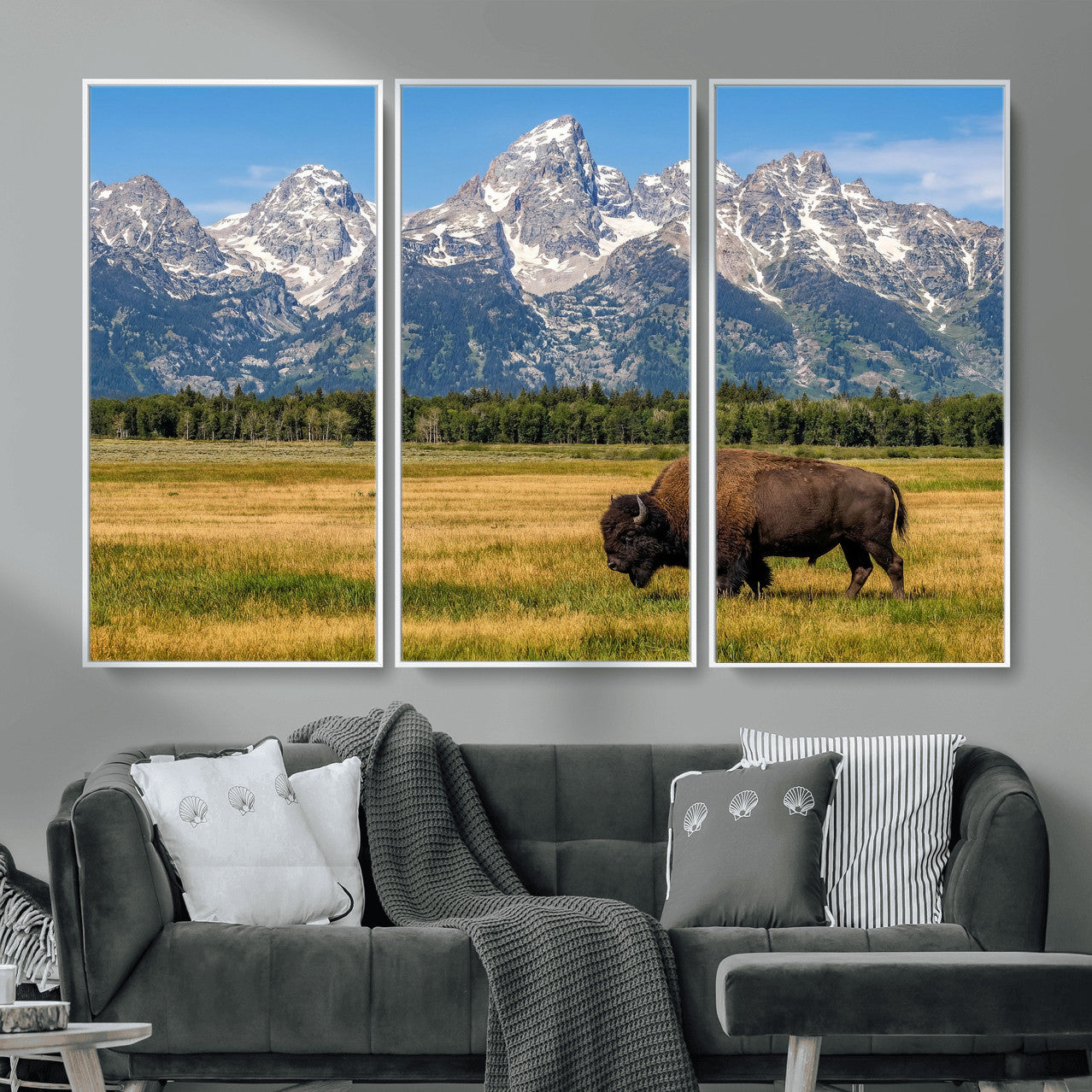 20424529-MGV-CV-36X24 - Bison in Mountain Landscape Wall Art Canvas Print – Western Wildlife Artwork for Rustic Living Room Decor
