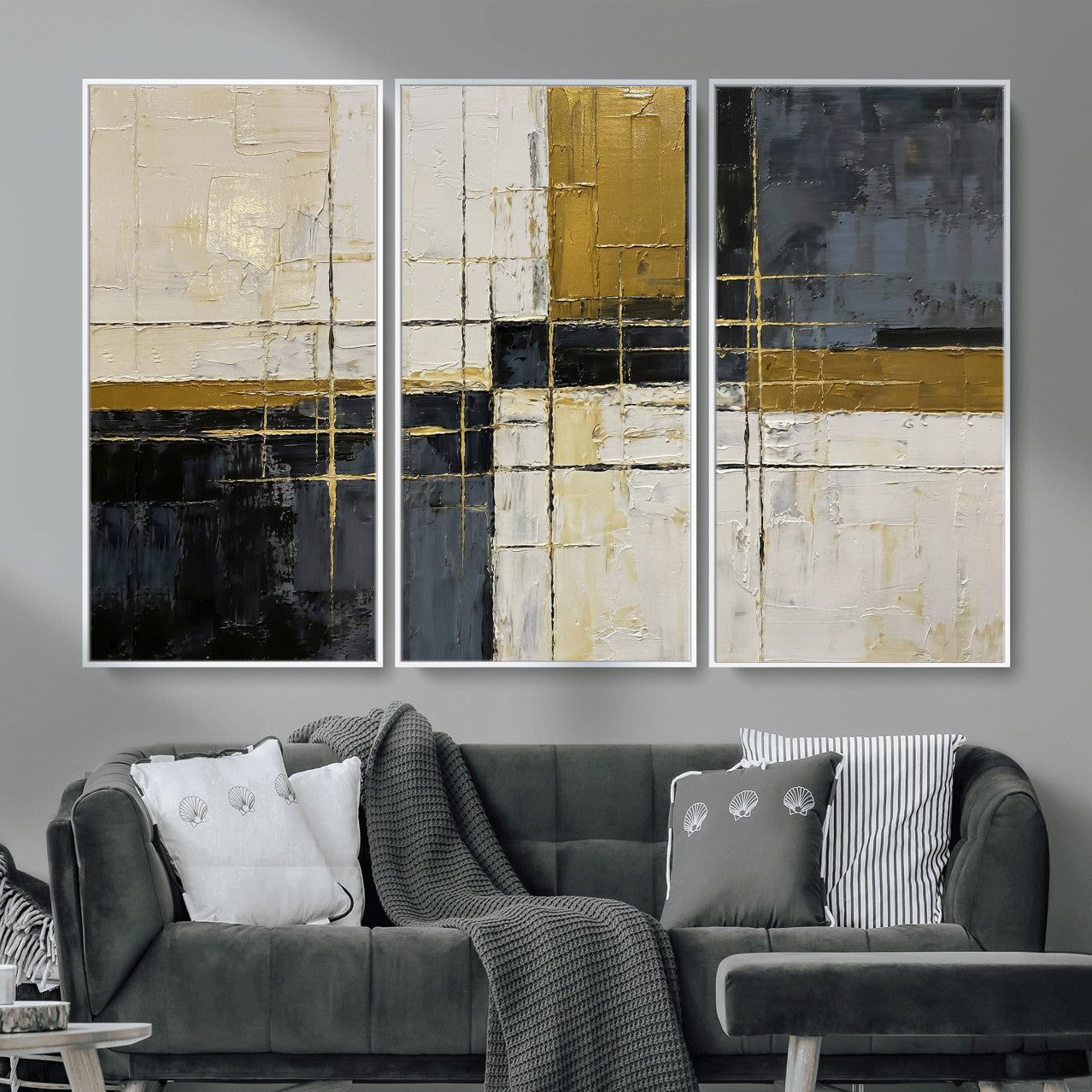 36097945-MGV-CV-36X24 - Abstract Gold and Black Wall Art Canvas Print – Modern Geometric Neutral Artwork for Living Room Decor