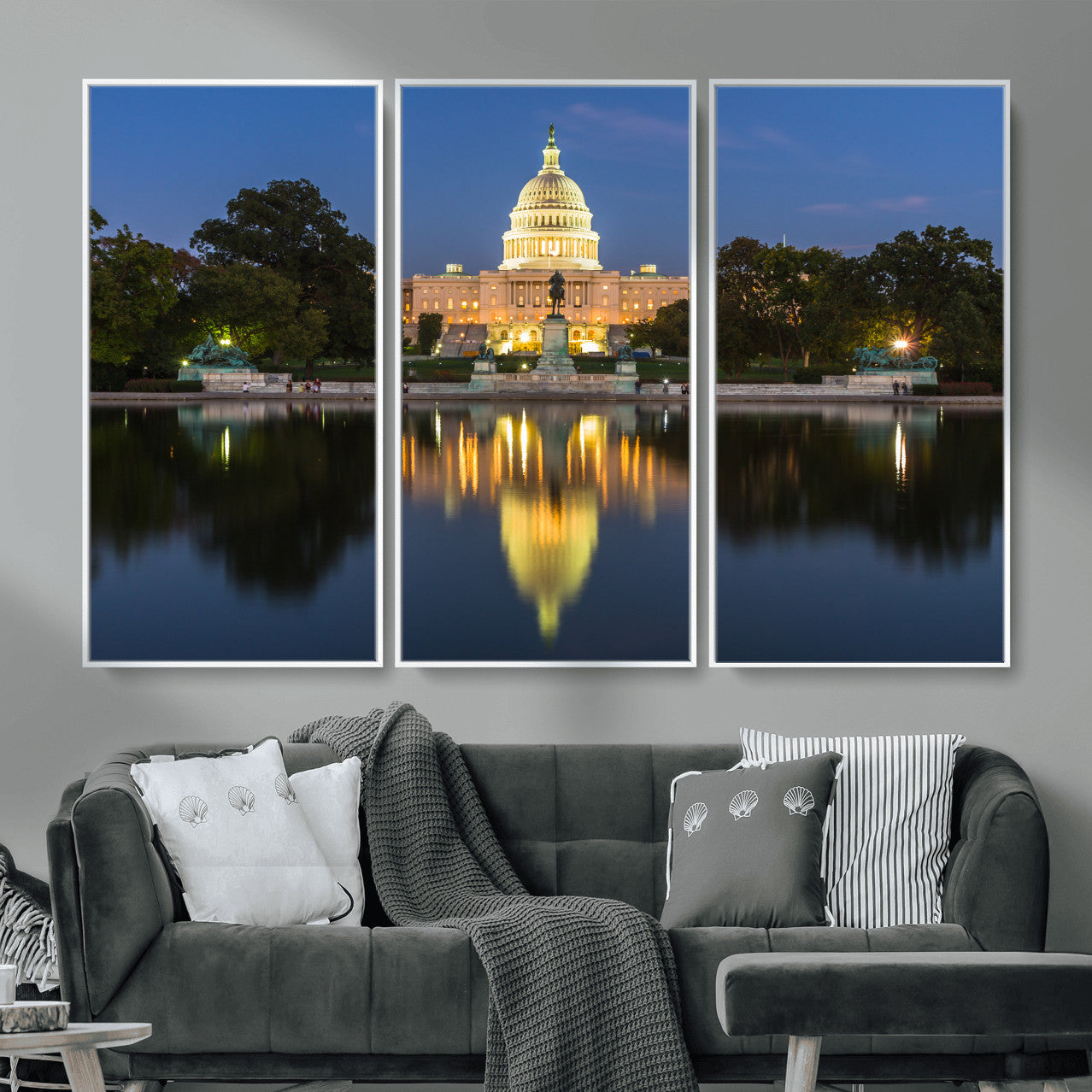 95568590-MGV-CV-36X24 - US Capitol Building Wall Art Canvas Print – Washington DC Landmark Night Reflection Artwork for Office Decor