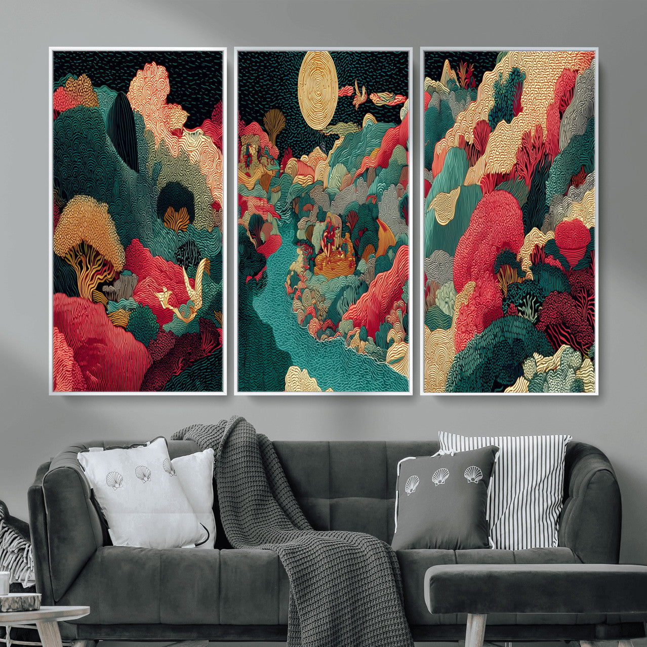 36816259-MGV-CV-48X32-3P - Colorful Japanese Landscape Print: Maximalist Panoramic Wall Art
