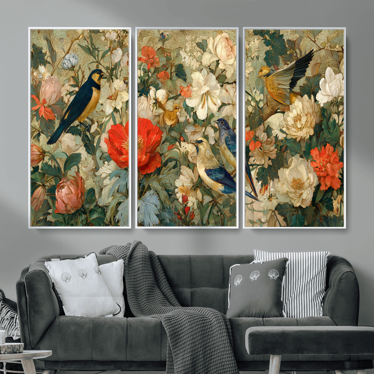 52904757-MGV-CV-36X24 - Vintage Birds and Flowers Wall Art Canvas Print, Botanical Bird Painting Canvas Print, Floral Garden Bird Artwork Canvas Print, Classic Bird Flower Painting Canvas Print
