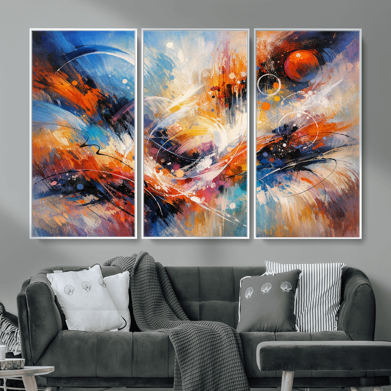47770355-MGV-CV-36X24 - Geometric Abstract Wall Art Canvas Print, Orange Blue Abstract Expressionist Painting Print, Modern Geometric Abstract Canvas Art