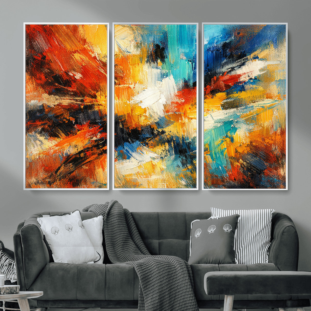 93167583-MGV-CV-36X24 - Geometric Abstract Wall Art Canvas Print, Orange Blue Abstract Expressionist Painting Print, Modern Geometric Abstract Canvas Art