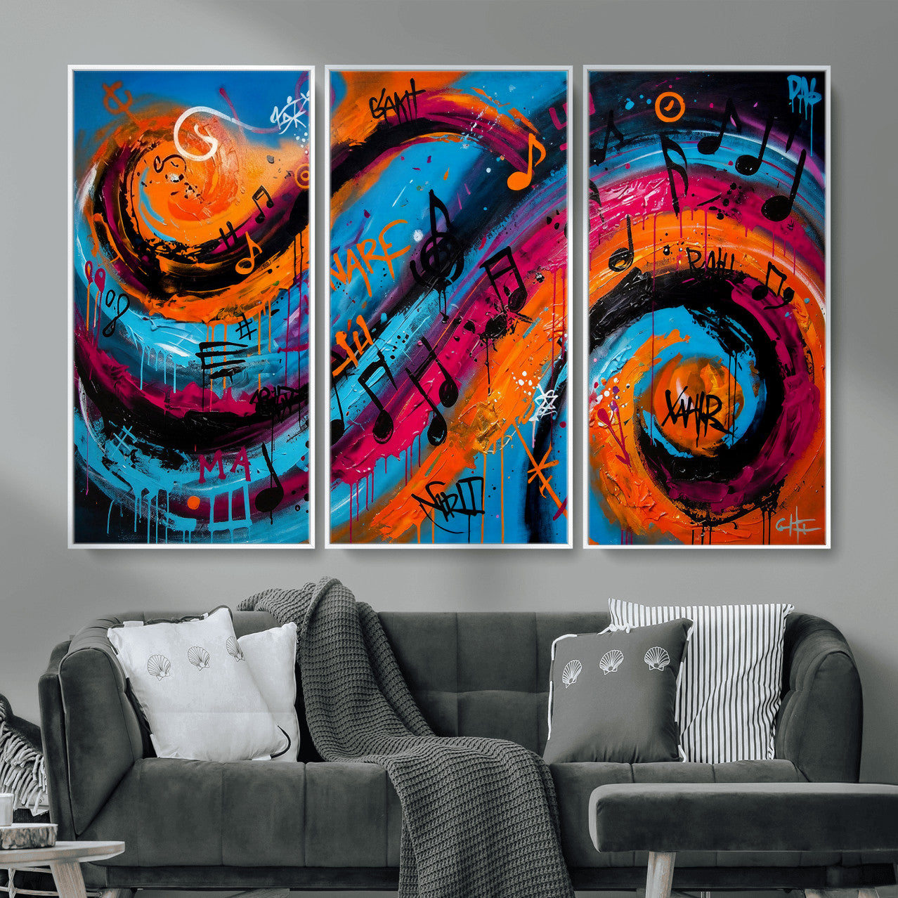 34936518-MGV-CV-36X24 - Geometric Abstract Wall Art Canvas Print, Orange Blue Abstract Expressionist Painting Print, Modern Geometric Abstract Canvas Art