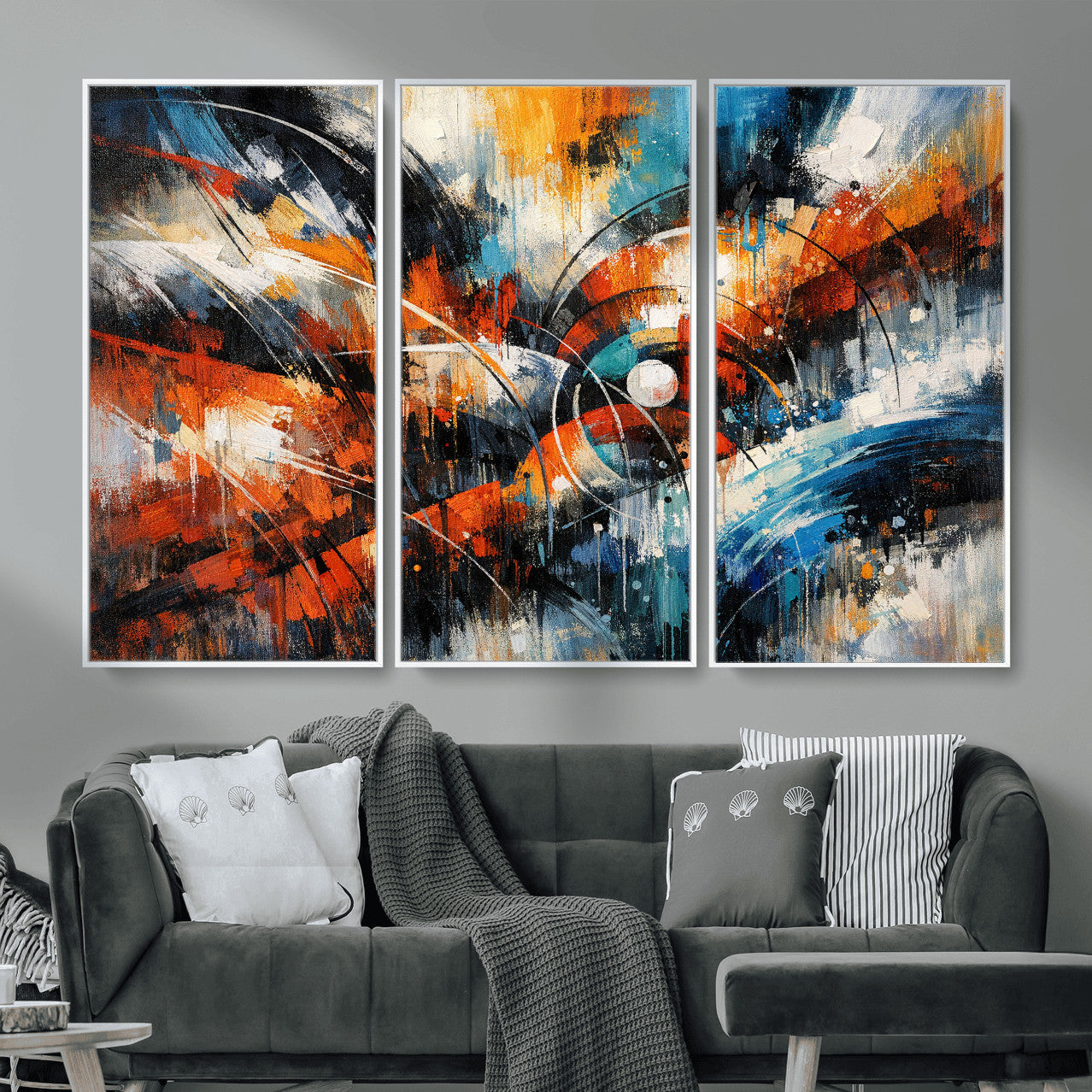 47120691-MGV-CV-36X24 - Geometric Abstract Wall Art Canvas Print, Orange Blue Abstract Expressionist Painting Print, Modern Geometric Abstract Canvas Art