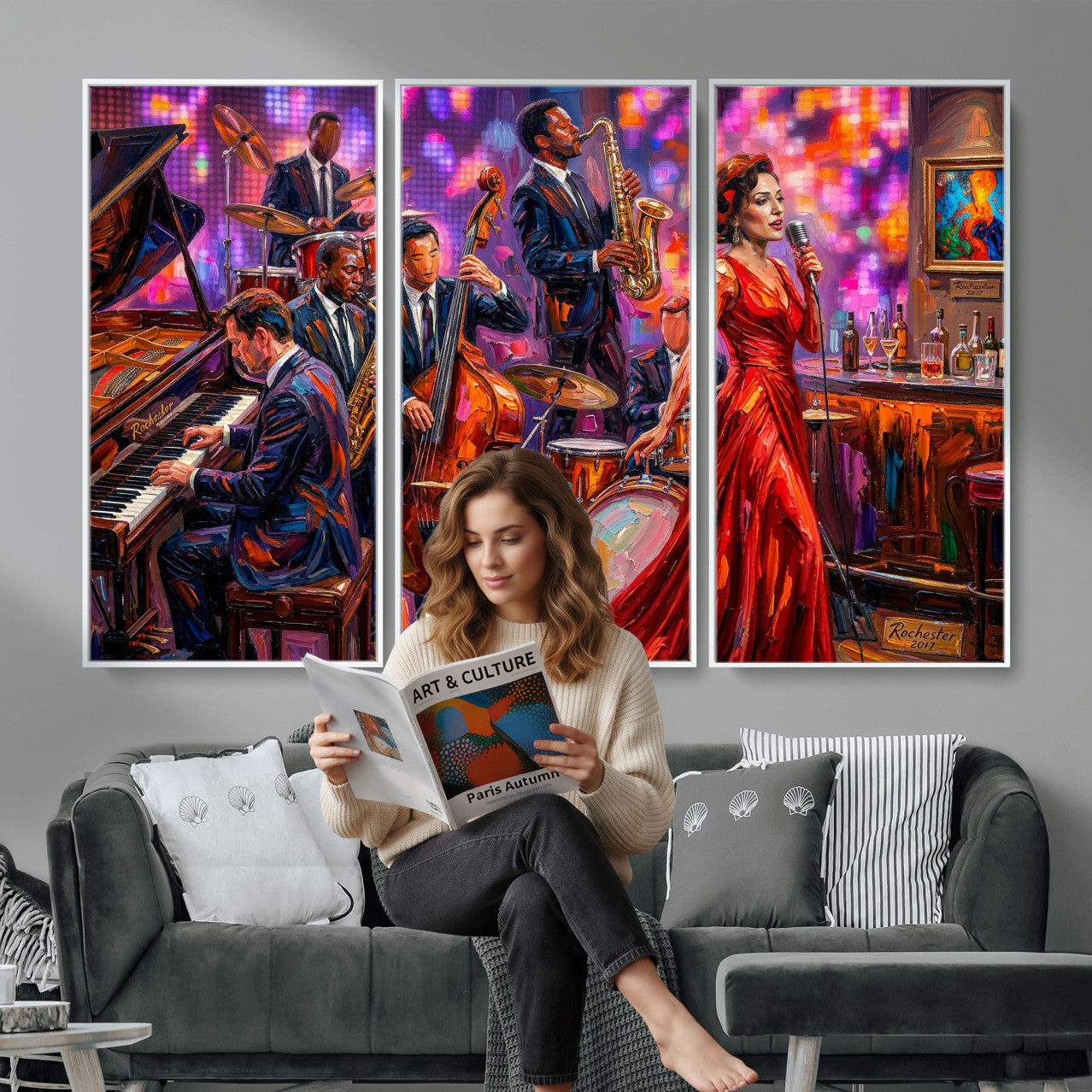 620930J20-MGV-CV-36X24 - Jazz Band Canvas Wall Art — Jazz Club Singer Saxophone Print | Music Wall Decor | Bar Restaurant Art | Music Lover Gift | Jazz Home Decor
