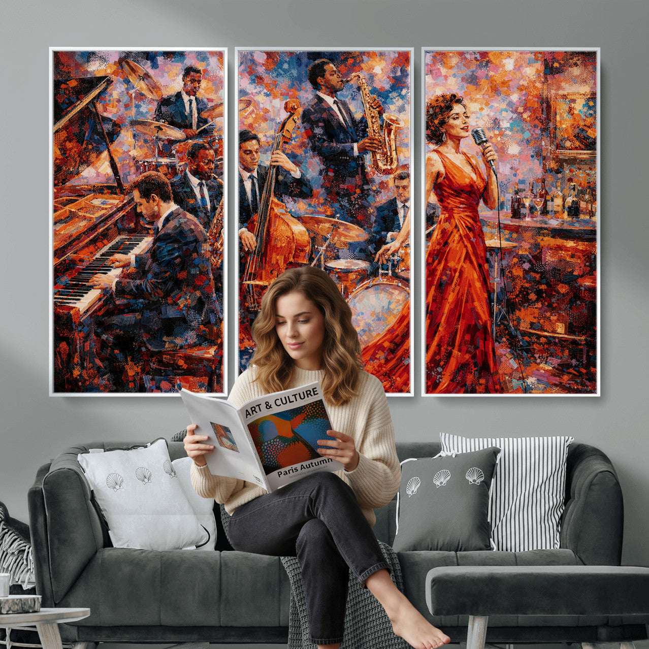 620930SF20-MGV-CV-36X24 - Jazz Band Canvas Wall Art — Jazz Club Singer Saxophone Print | Music Wall Decor | Bar Restaurant Art | Music Lover Gift | Jazz Home Decor