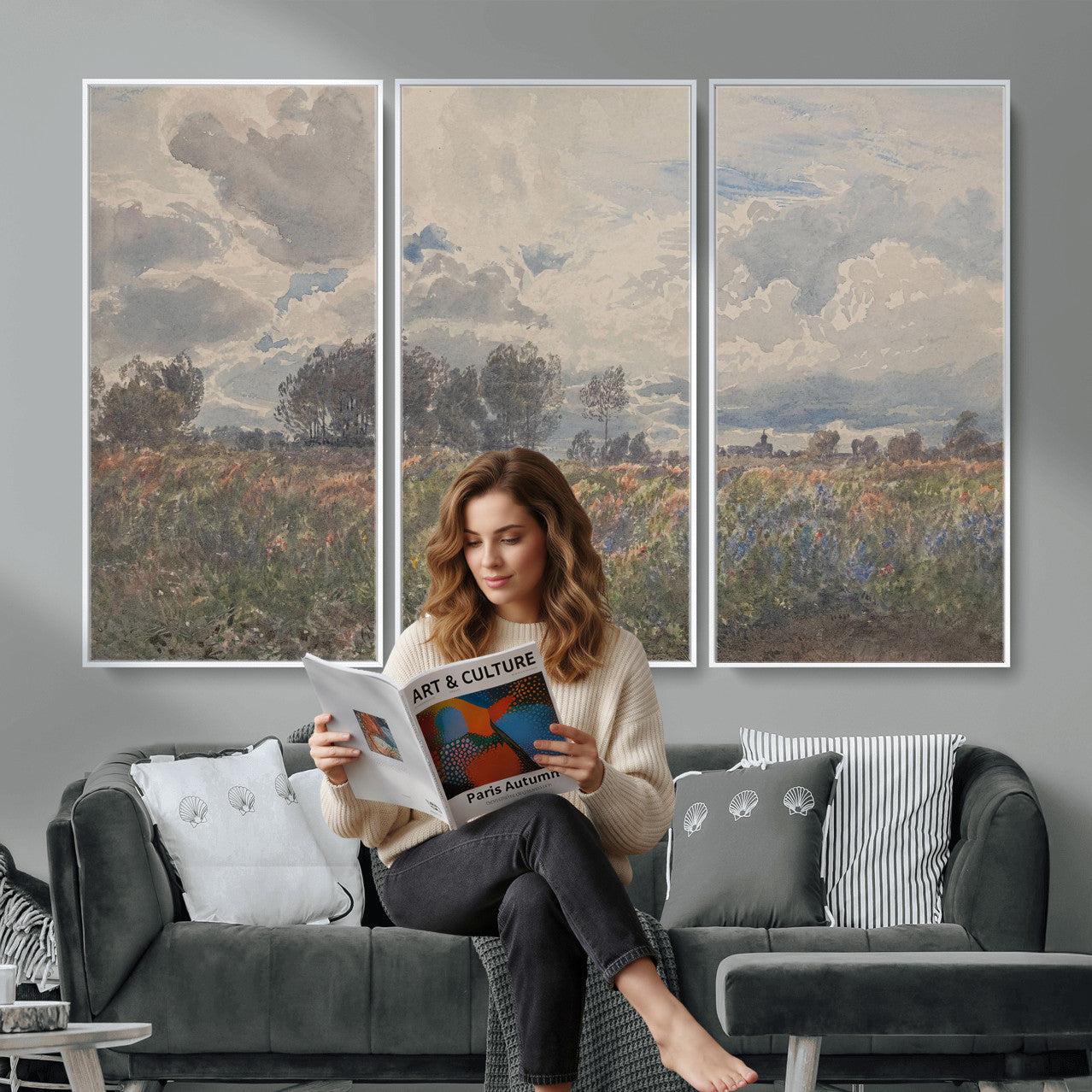 76626885-MGV-CV-36X24 - Vintage Watercolor Meadow Canvas Wall Art — English Pastoral Wildflower Storm Sky Print | Cottagecore Nature Decor | Classic Landscape Gift