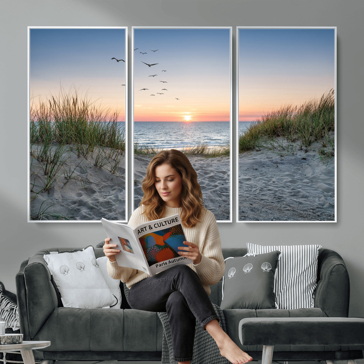12172032-MGV-CV-36X24 - Sandy Dune Path Sunset Canvas Wall Art — Seagulls Beach Ocean Photography Print | Coastal Home Decor | Nautical Wall Art | Beach House Gift