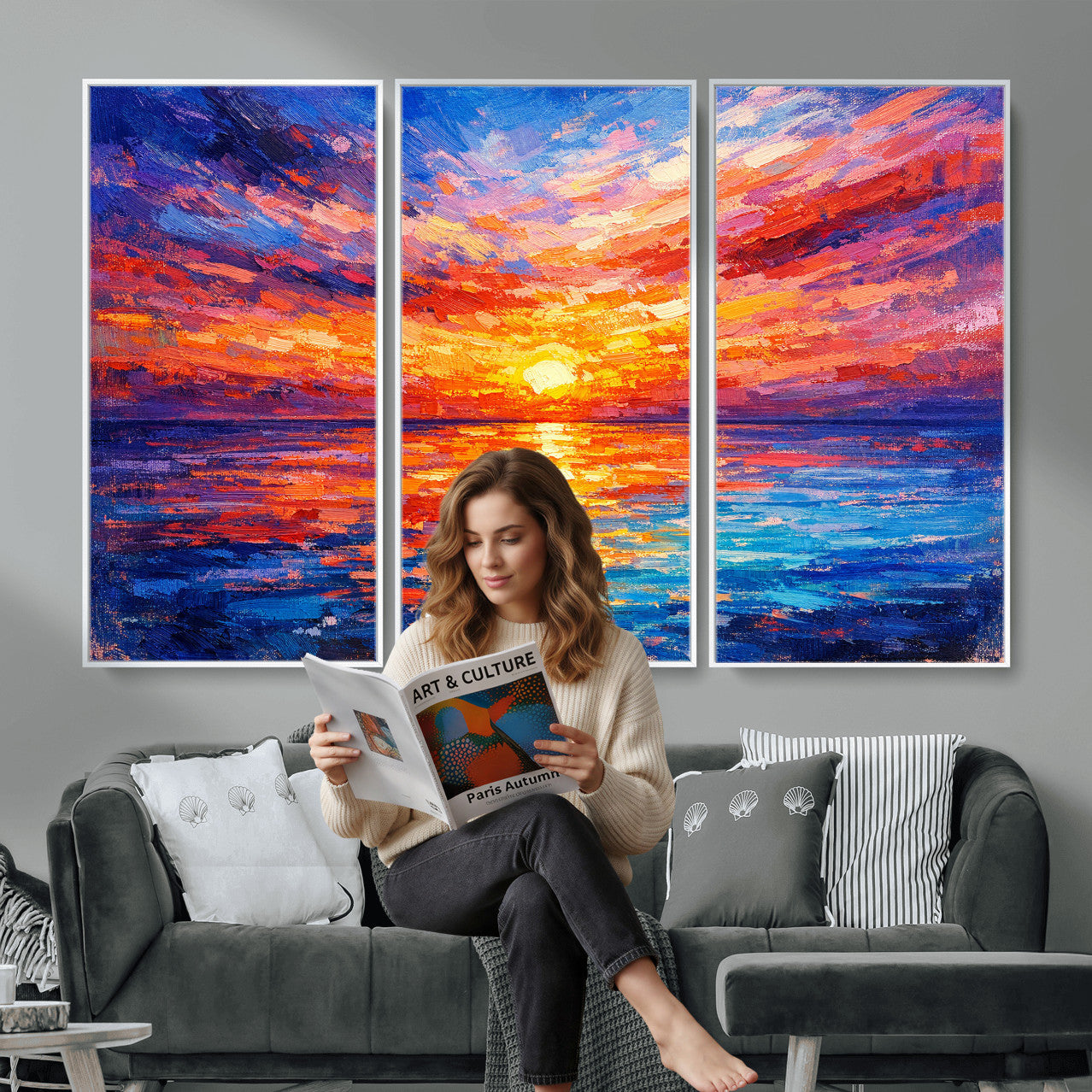 54915078-MGV-CV-36X24 - Colorful Knife Ocean Sunset Canvas — Orange Pink Teal Expressionist Sea Print | Colorful Coastal Wall Art | Vibrant Beach Decor Gift