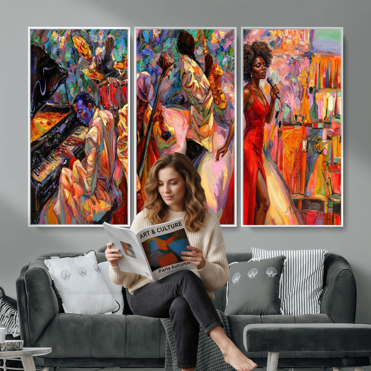 72615137-MGV-CV-36X24 - African American Jazz Singer Canvas Art - Red Dress Black Woman Music Print | Colorful Jazz Band Wall Decor | Living Room Gift for Her