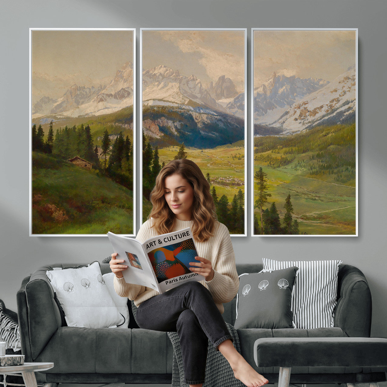 23120262-MGV-CV-36X24 - Konrad Petrides Sexten Village Canvas Print, Alpine Mountain Valley Painting, Dolomites Landscape Art