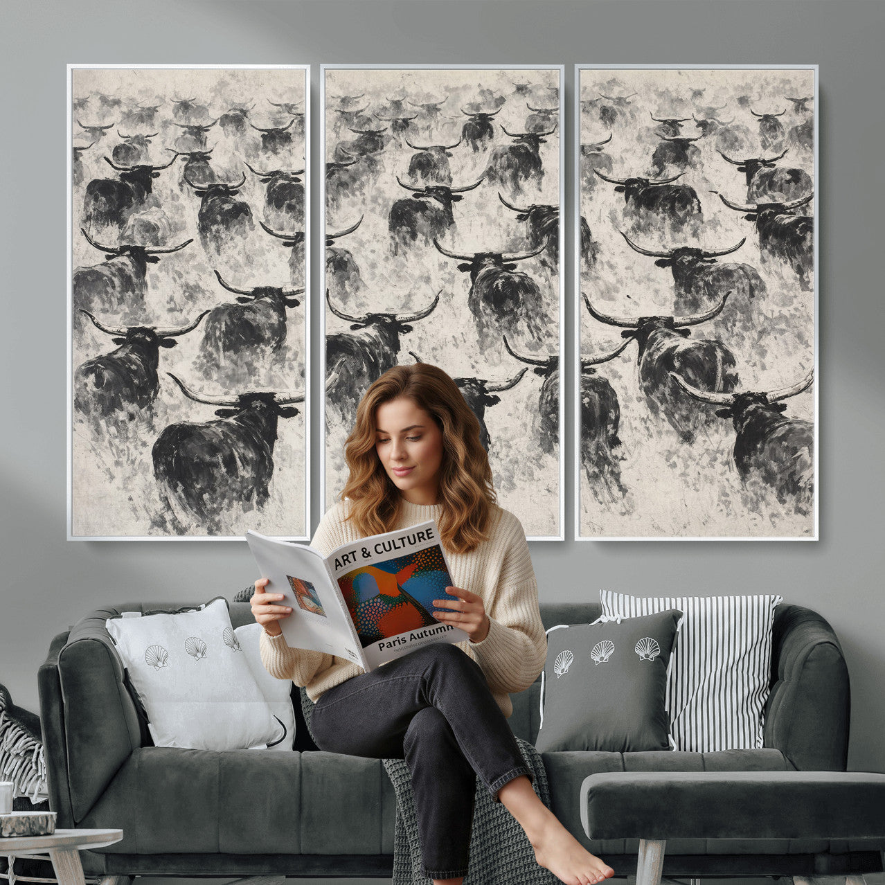 73328525-MGV-CV-36X24 - Texas Longhorn Drawing Canvas Wall Art, Western Cattle Stampede Painting Print, Warm Amber Ranch Decor, Rustic Cowboy Home Art, Large Living Room Decor