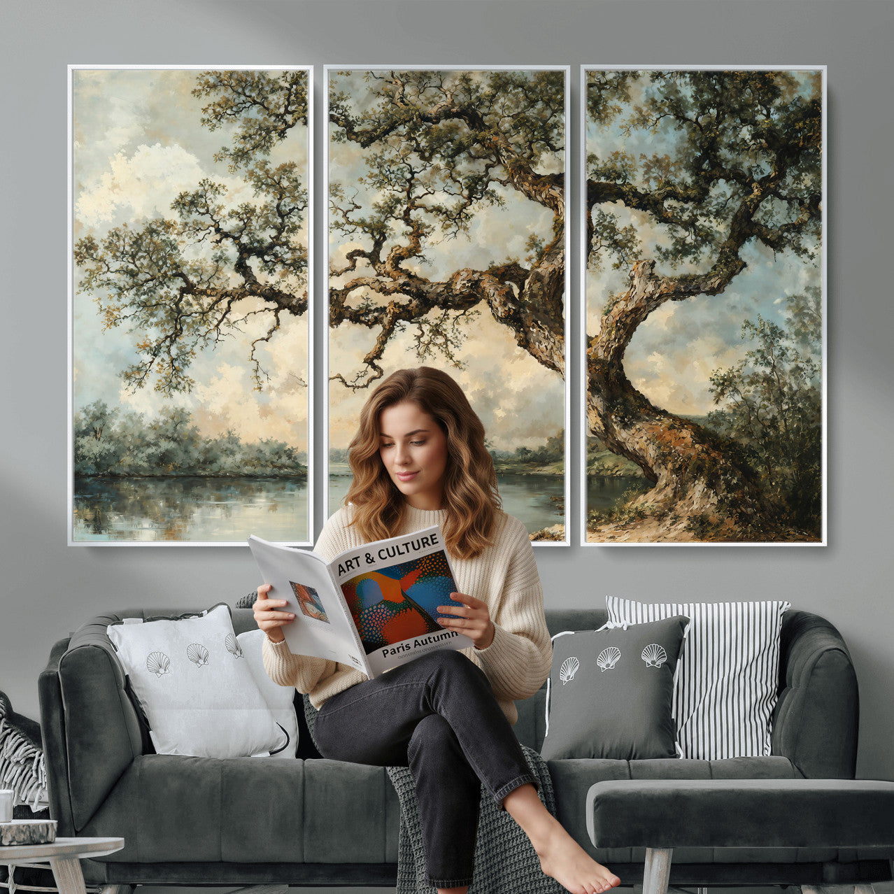 63857726-MGV-CV-36X24 - Old Oak Tree Canvas Wall Art, Turner Inspired Romantic Landscape Print, Vintage Nature Painting, Living Room Wall Decor, Antique Style Tree Art
