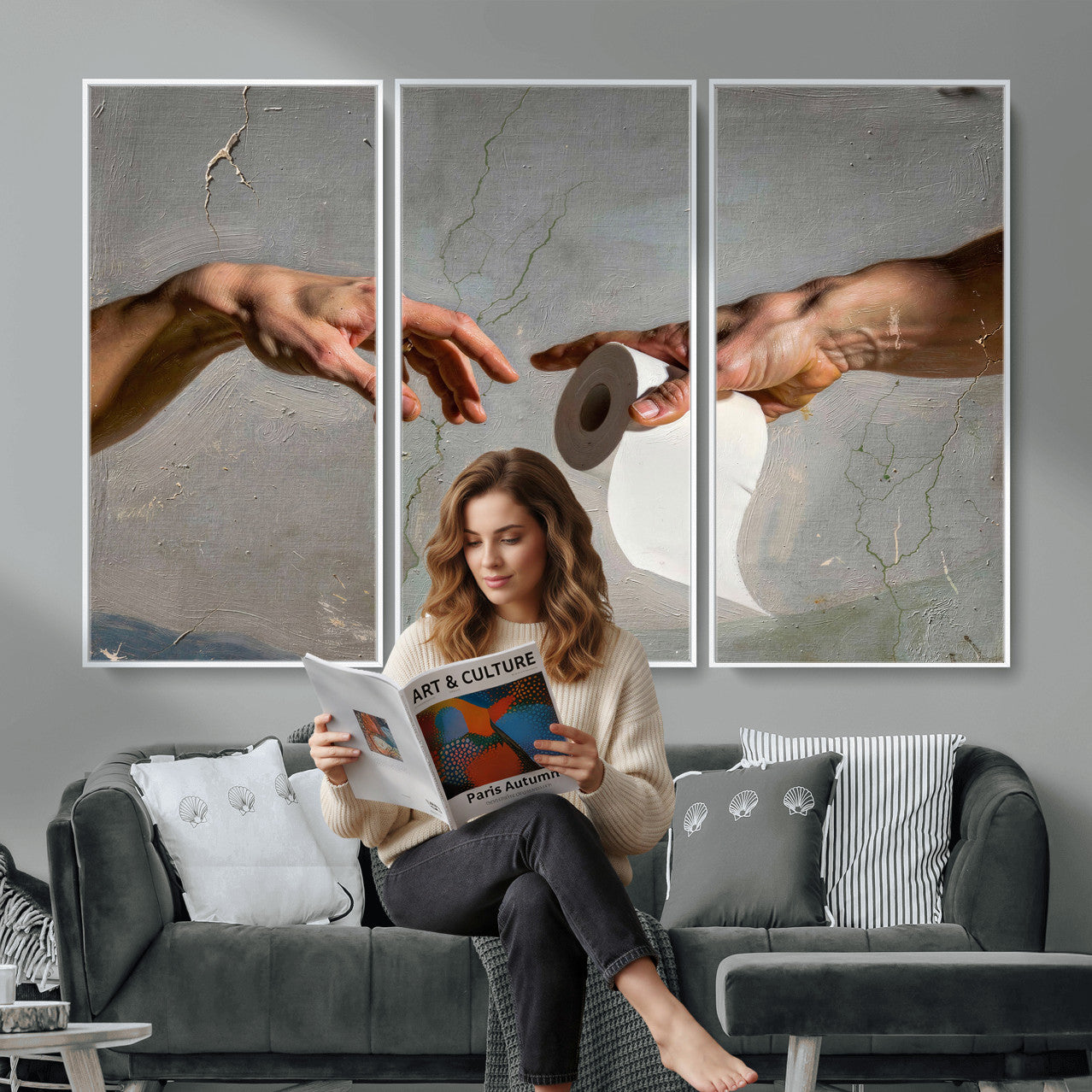 72030048-MGV-CV-36X24 - Funny Bathroom Wall Art Canvas, Creation of Toilet Paper Parody Print, Renaissance Humor Decor, Toilet Room Art, Quirky Housewarming Gift, Classic Art Spoof