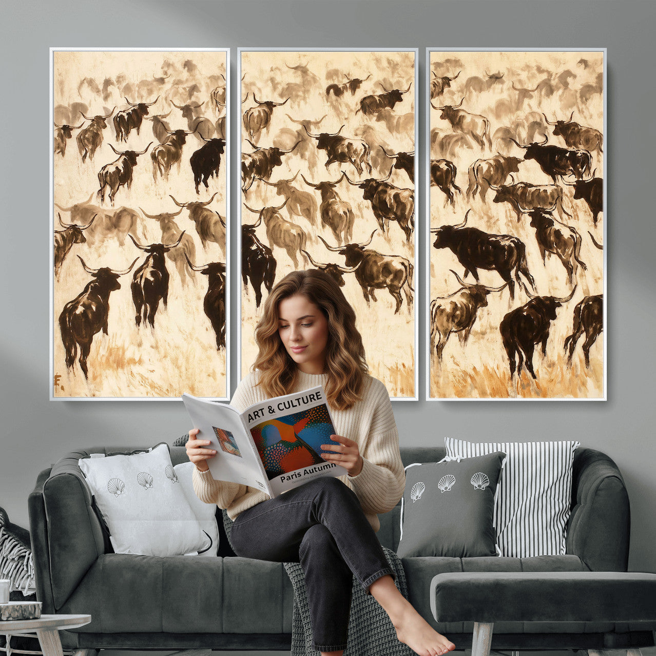 39077774-MGV-CV-36X24 - Texas Longhorn Sepia Canvas Wall Art, Western Cattle Stampede Painting Print, Warm Amber Ranch Decor, Rustic Cowboy Home Art, Large Living Room Decor