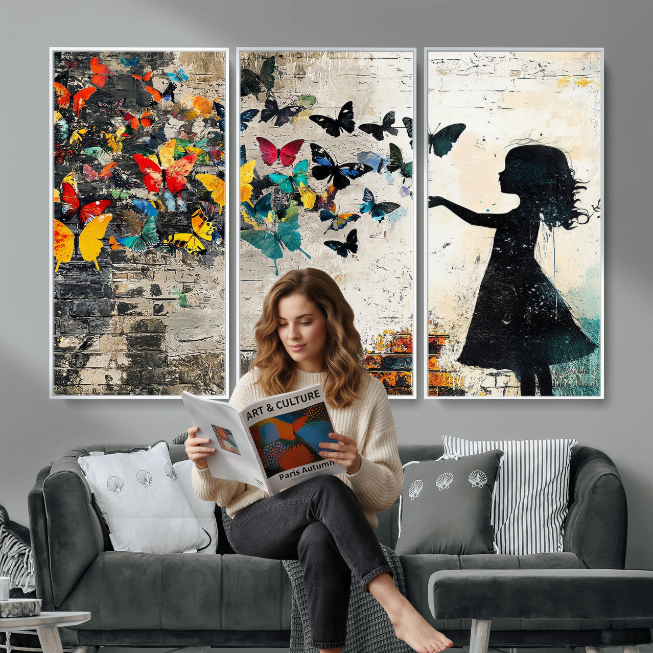 33909022-MGV-CV-36X24 - Banksy Butterfly Girl Wall Art Canvas Print, Framed Street Art Silhouette Graffiti Artwork, Colorful Butterfly Wall Decor for Living Room Bedroom Office