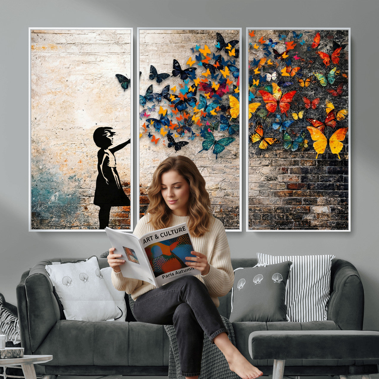 78760384-MGV-CV-36X24 - Banksy Graffiti Butterfly Girl Wall Art Canvas Print, Framed Street Art Canvas Print, Silhouette Butterfly Wall Art for Living Room Bedroom Office