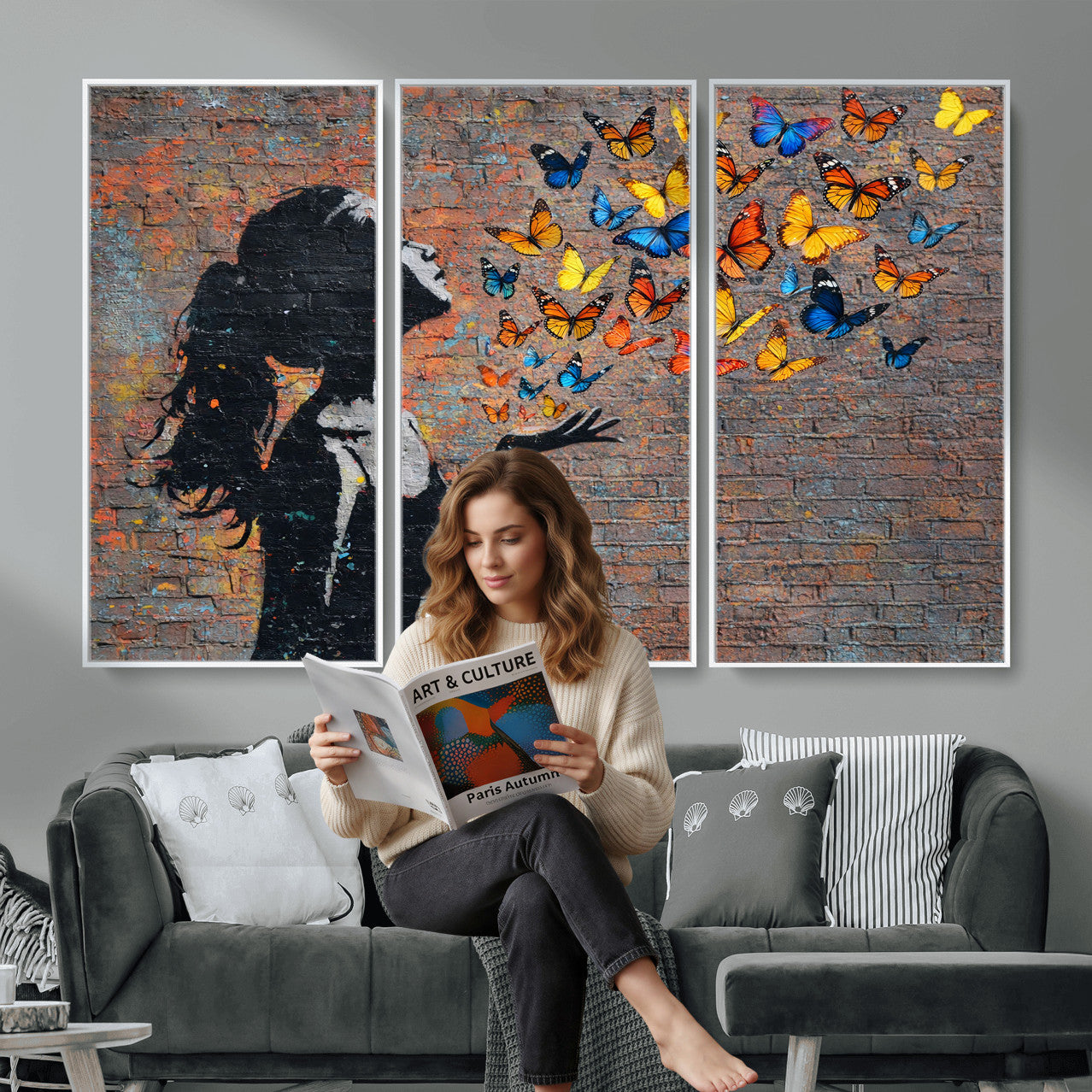 10555939-MGV-CV-36X24 - Urban Banksy Butterfly Girl Wall Art Canvas Print, Framed Street Art Canvas Print, Graffiti Silhouette Butterfly Wall Art for Living Room Bedroom Office