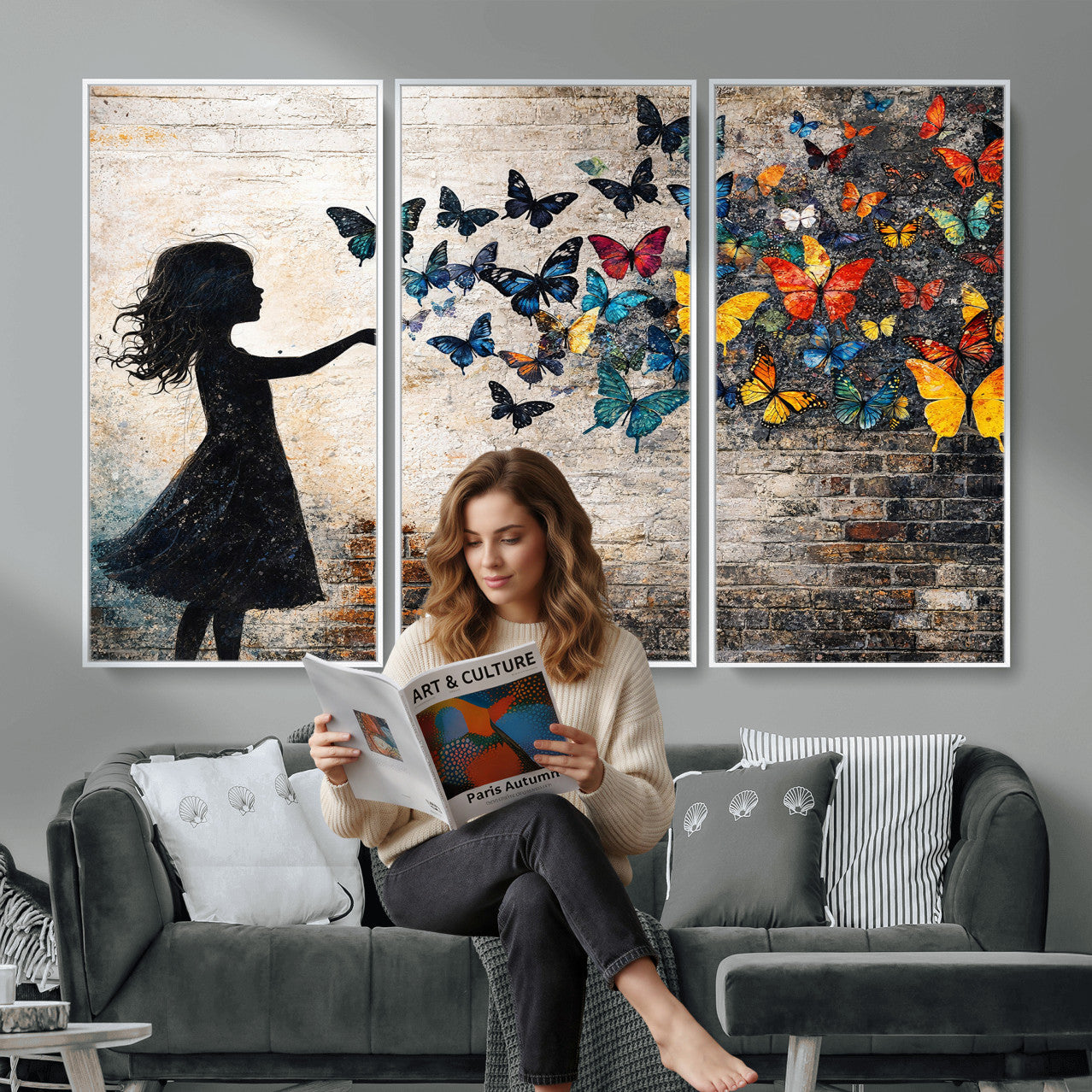 70522594-MGV-CV-36X24 - Banksy Butterfly Girl Wall Art Canvas Print, Framed Street Art Canvas Print, Graffiti Silhouette Butterfly Wall Art for Living Room Bedroom Office