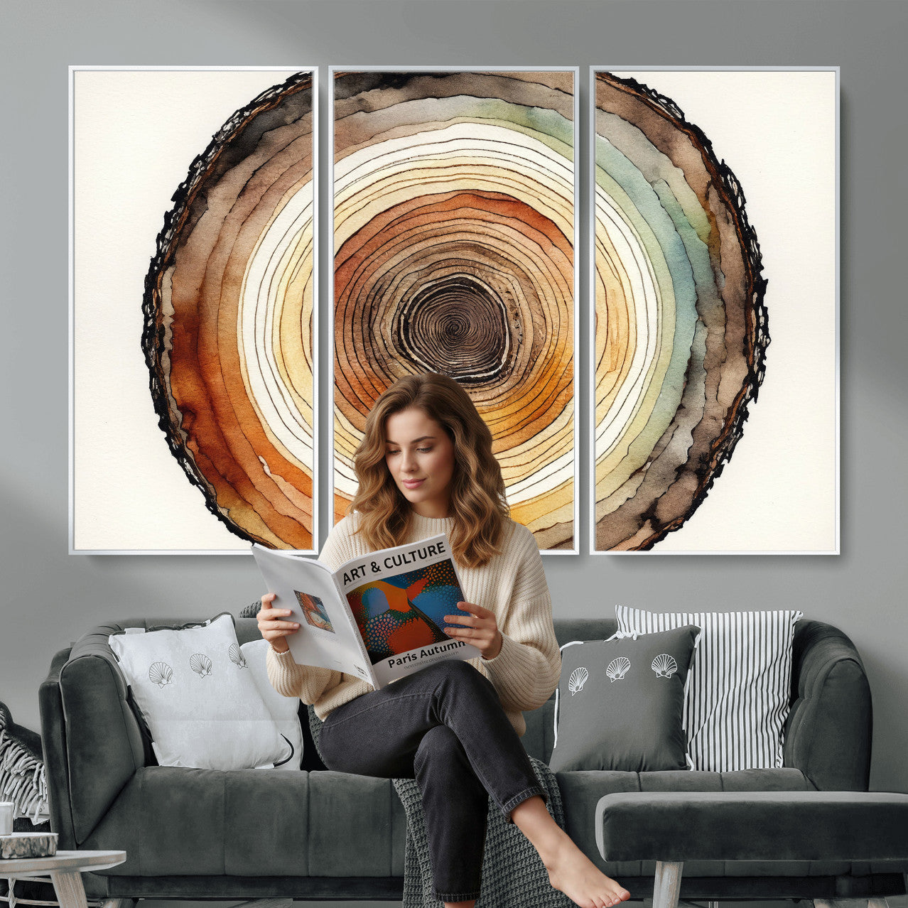 13719680-MGV-CV-36X24 - Natural Wood Slice Wall Art Canvas Print, Tree Ring Wall Art, Framed Abstract Nature Wall Decor, Earth Tone Statement Canvas Print