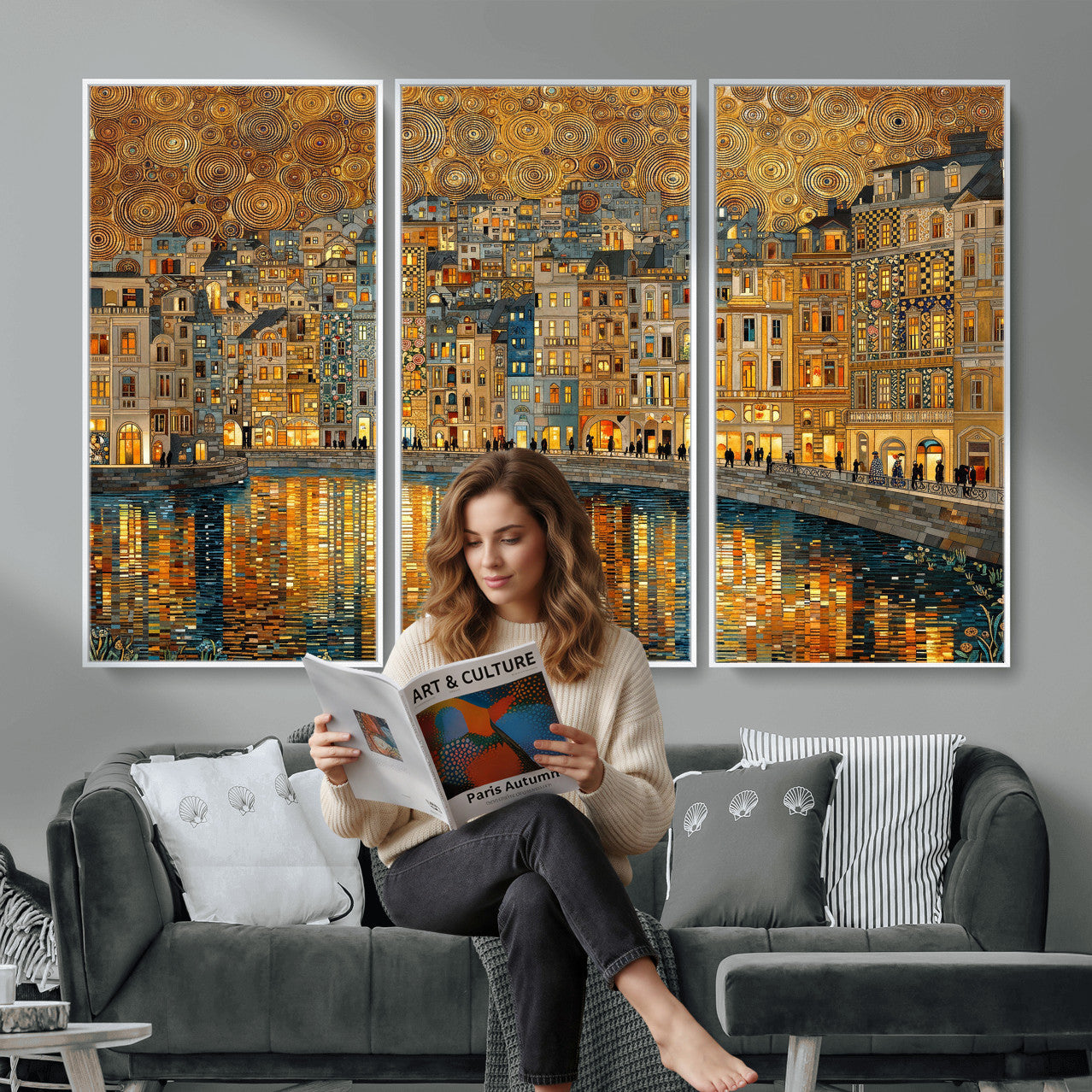 94022787-MGV-CV-36X24 - Gustav Klimt Golden Cityscape Wall Art Canvas Print, Framed River Town Landscape Artwork, Ornate Architecture Wall Decor for Living Room Bedroom Office