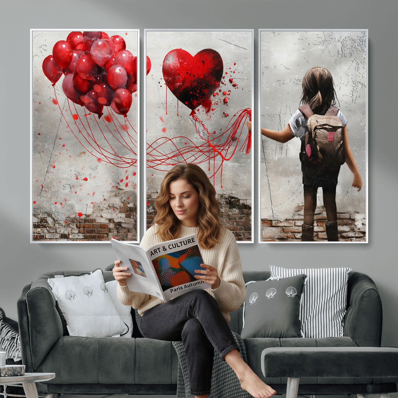 2162830T-MGV-CV-36X24 - Girl Graffiti Wall Art Canvas Print, Red Balloon Heart Street Art, Urban Love Artwork for Living Room Bedroom Hallway Office, Modern Abstract Canvas Wall Decor Home Decor