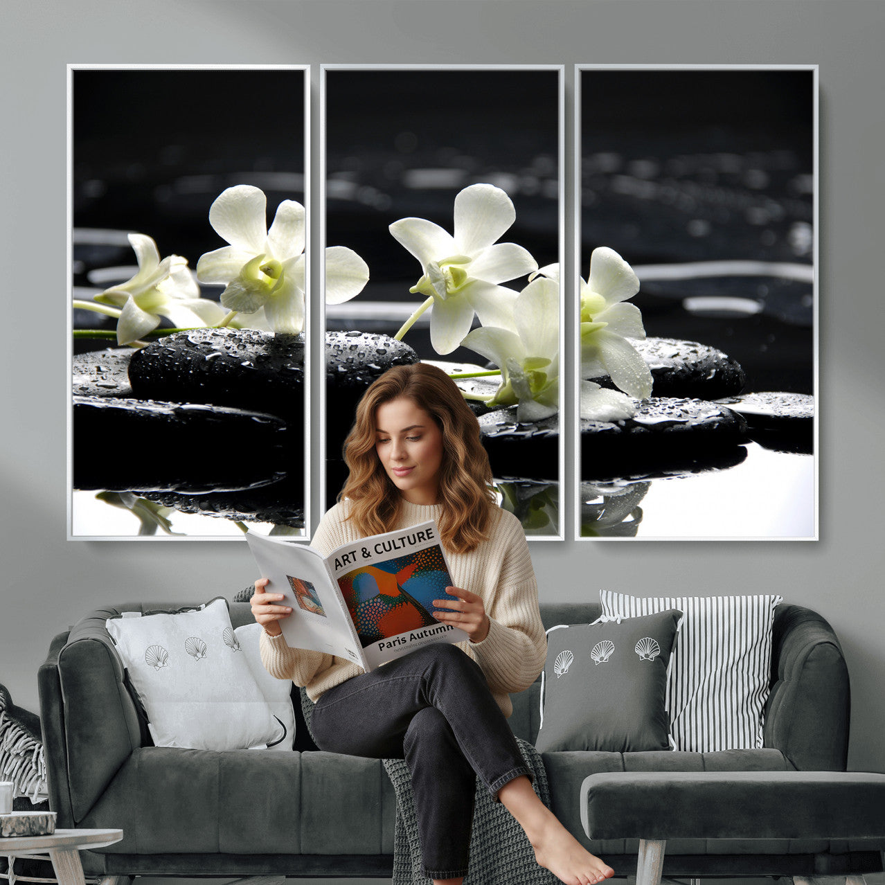 79486206-MGV-CV-36X24 - Plumeria Frangipani Black Stone Canvas | White Flower Spa Photography Print | Tropical Zen Wall Art | Grey Pebble Floral for Meditation Room Decor