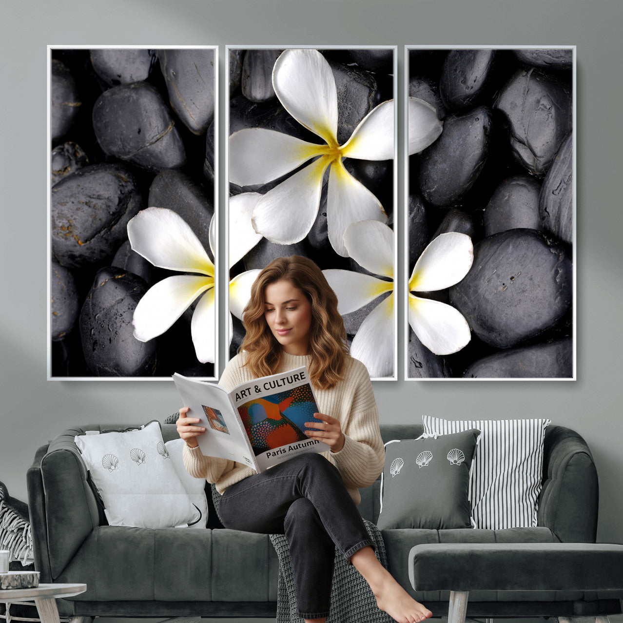 43639613-MGV-CV-36X24 - Plumeria Frangipani Black Stone Canvas | White Flower Spa Photography Print | Tropical Zen Wall Art | Grey Pebble Floral Decor