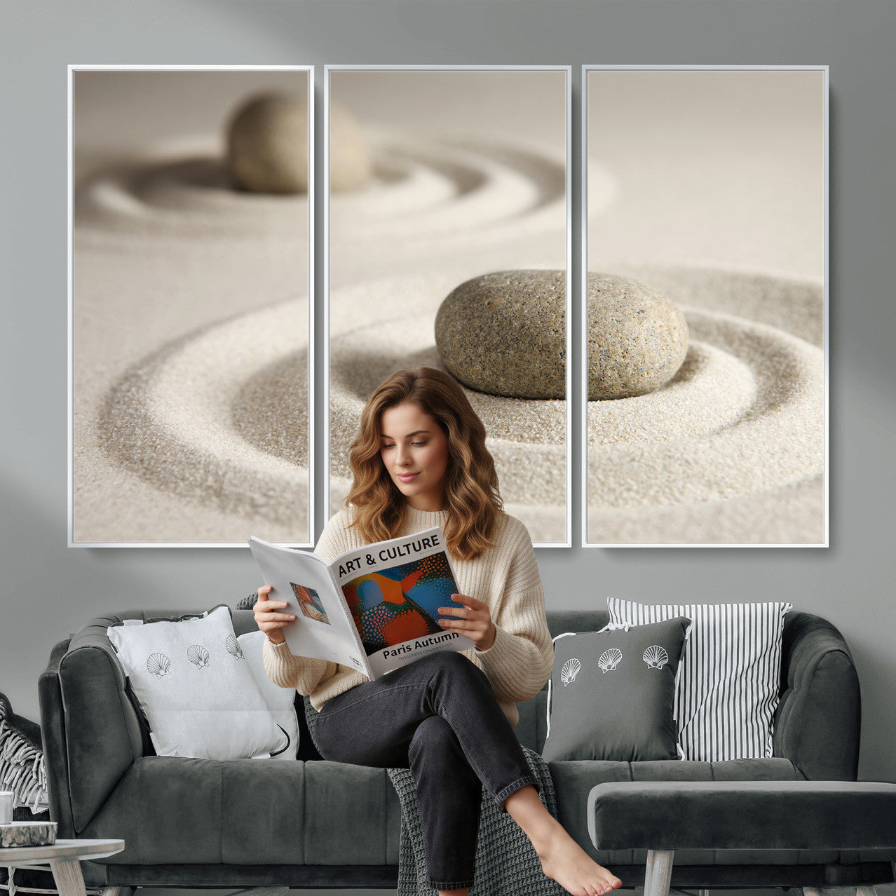 13397966-MGV-CV-36X24 - Zen Garden Stone Sand Canvas | Japanese Rock Garden Wall Art | Minimalist Meditation Print | Neutral Beige Mindfulness Decor