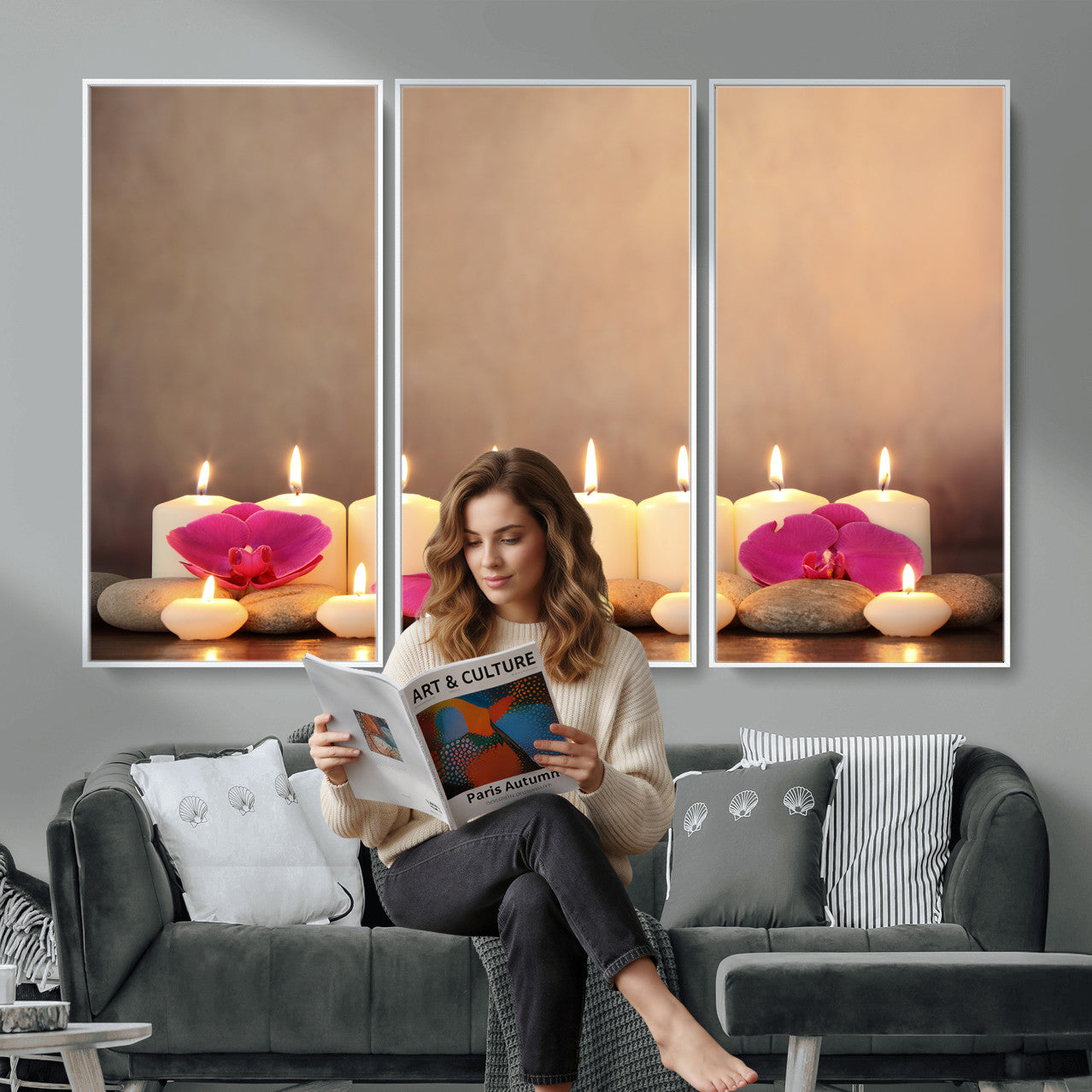 59470569-MGV-CV-36X24 - Spa Candles Orchid Canvas Print | Zen Wellness Relaxation Wall Art | Pink Flower Candlelight Bathroom Decor | Calm Beige Photography