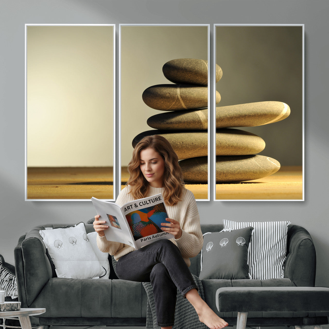 85424263-MGV-CV-36X24 - Zen Stone Wall Art Canvas Print, Balanced Rock Stack Framed Spa Artwork, Minimalist Meditation Decor for Living Room Bedroom Office Bathroom