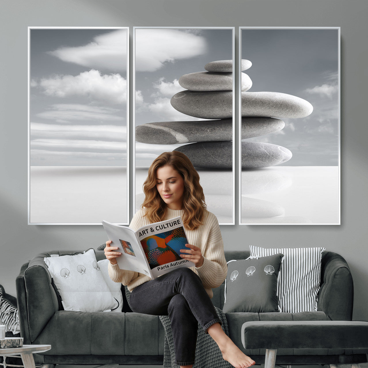 86426188-MGV-CV-36X24 - Zen Stone Wall Art Canvas Print, Balanced Rock Stack Framed Spa Artwork, Minimalist Meditation Decor for Living Room Bedroom Office Bathroom