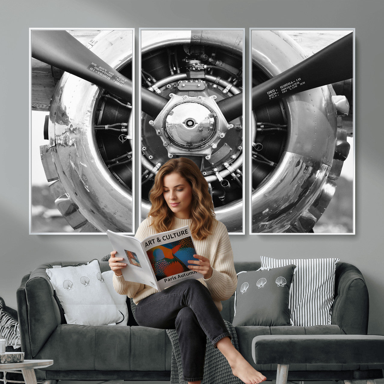 73322230-MGV-CV-36X24 - Vintage Propeller Plane Wall Art Canvas Print, Black and White Airplane Engine Close Up Framed Aviation Artwork for Pilot Office Hangar Decor
