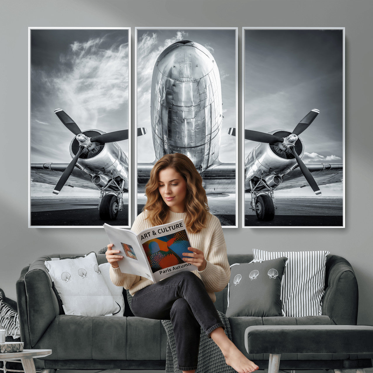 59729636-MGV-CV-36X24 - Vintage Propeller Plane Wall Art Canvas Print, Black and White Airplane Engine Close Up Framed Aviation Artwork for Pilot Office Hangar Decor