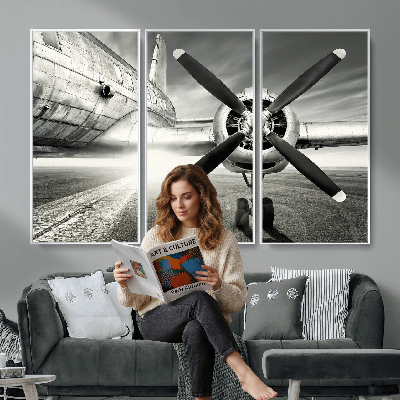 16420255-MGV-CV-36X24 - Vintage Airplane Wall Art Canvas Print, Black and White Propeller Aircraft Framed Aviation Artwork for Pilot Office Hangar Living Room Decor