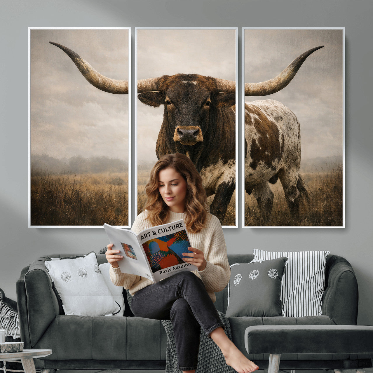 17622011L-MGV-CV-36X24 - Longhorn Bull Wall Art Canvas Print, Western Farmhouse Cowboy Decor, Rustic Texas Ranch Cattle Artwork for Living Room Bedroom Office, Framed Wall Decor