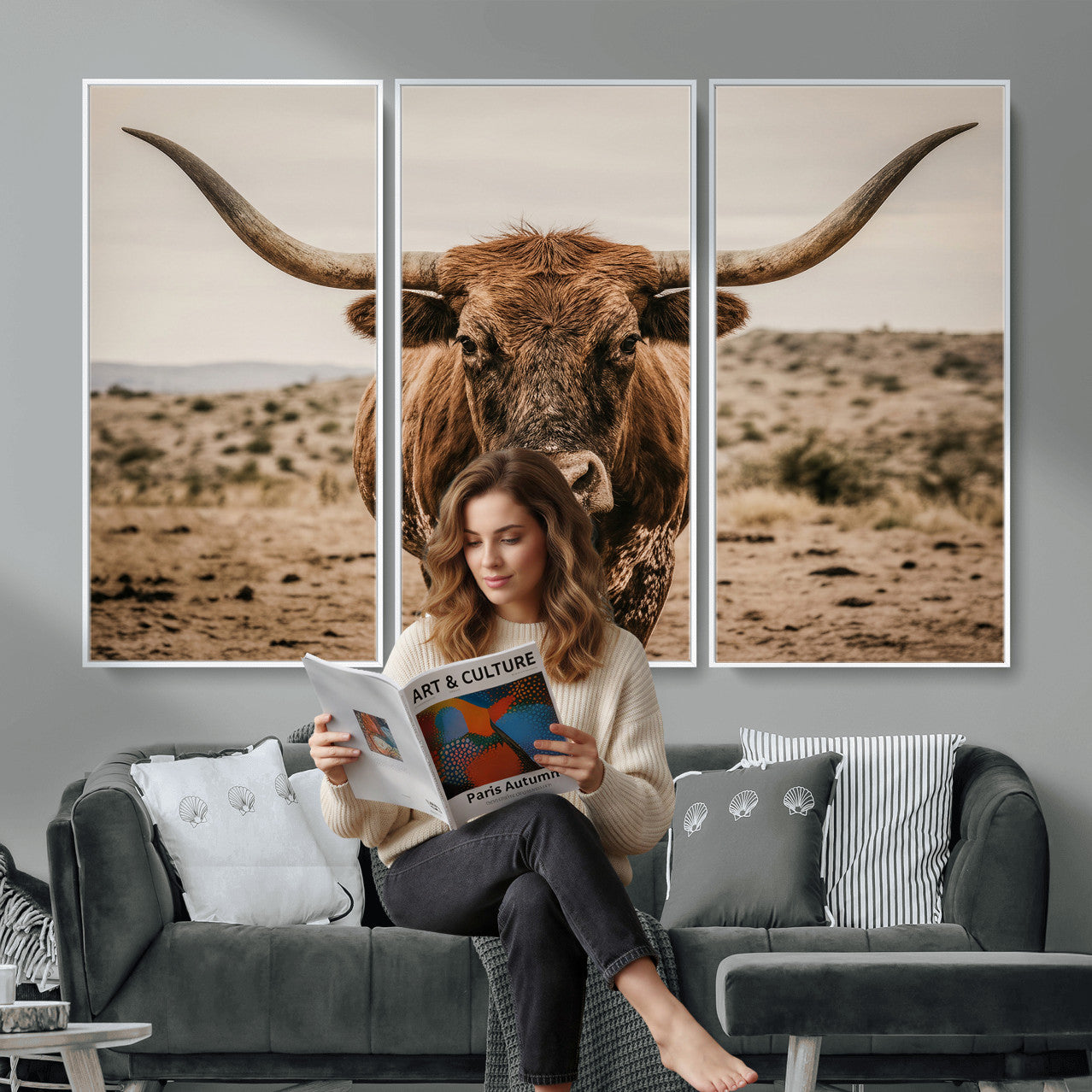 17622011K-MGV-CV-36X24 - Texas Longhorn Bull Wall Art Canvas Print, Western Farmhouse Cowboy Decor, Rustic Texas Ranch Cattle Artwork for Living Room Bedroom Office, Framed Wall Decor