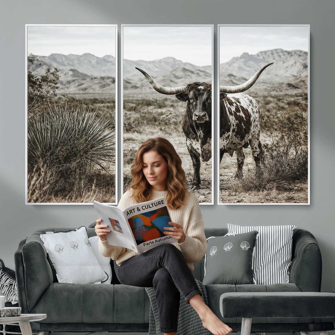 17622011H-MGV-CV-36X24 - Texas Longhorn Bull Wall Art Canvas Print, Western Farmhouse Cowboy Decor, Rustic Texas Ranch Cattle Artwork for Living Room Bedroom Office, Framed Wall Decor