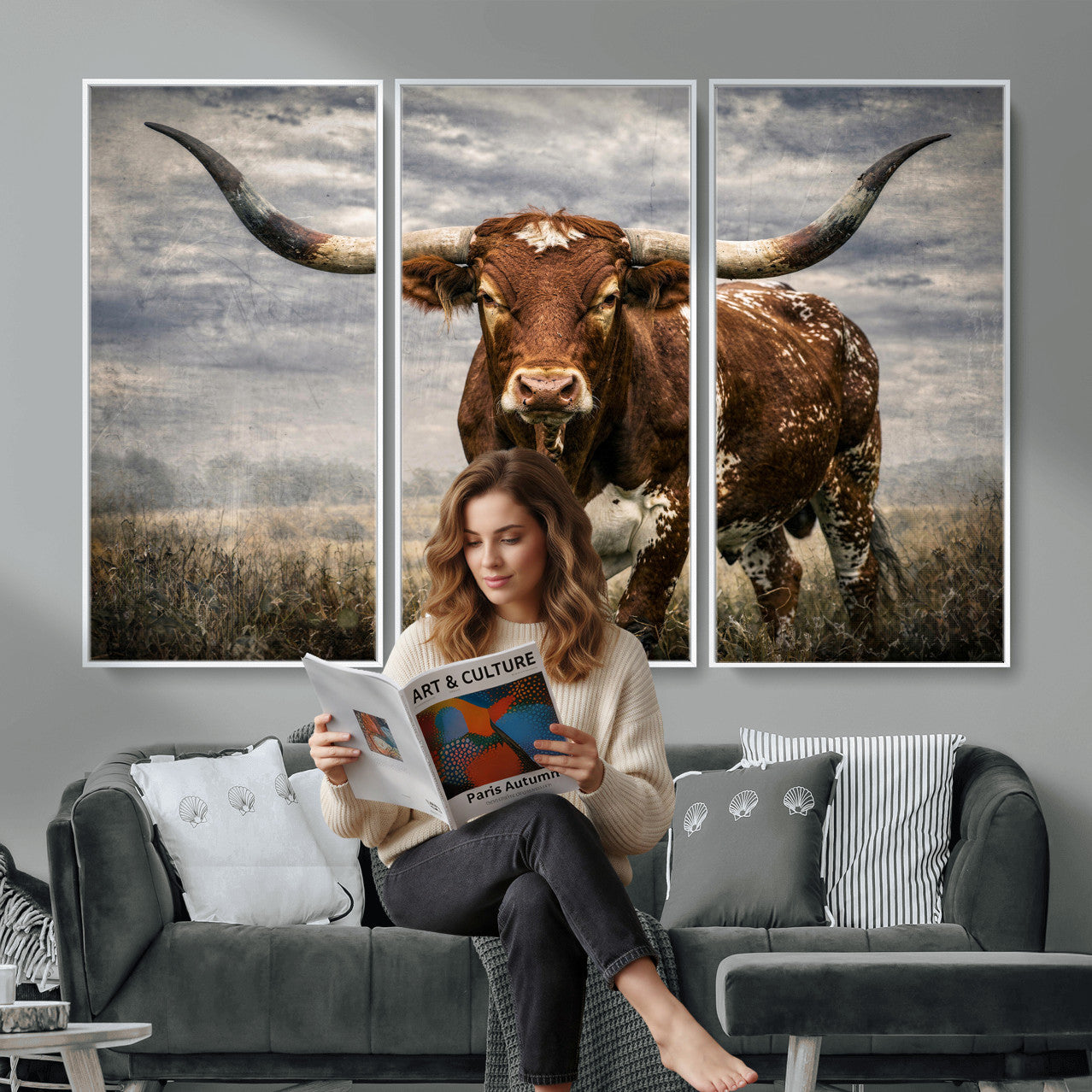 14372769-MGV-CV-36X24 - Texas Longhorn Canvas Wall Art Western Bull Desert Moody Grey Overcast Rustic Farmhouse Framed Large for Living Room Bedroom Office Decor