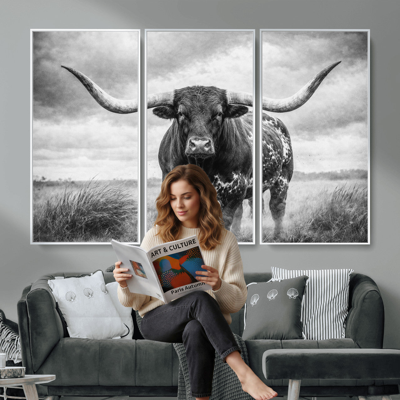 19951238-MGV-CV-36X24 - Texas Longhorn Canvas Wall Art Western Bull Desert Moody Grey Overcast Rustic Farmhouse Framed Large for Living Room Bedroom Office Decor
