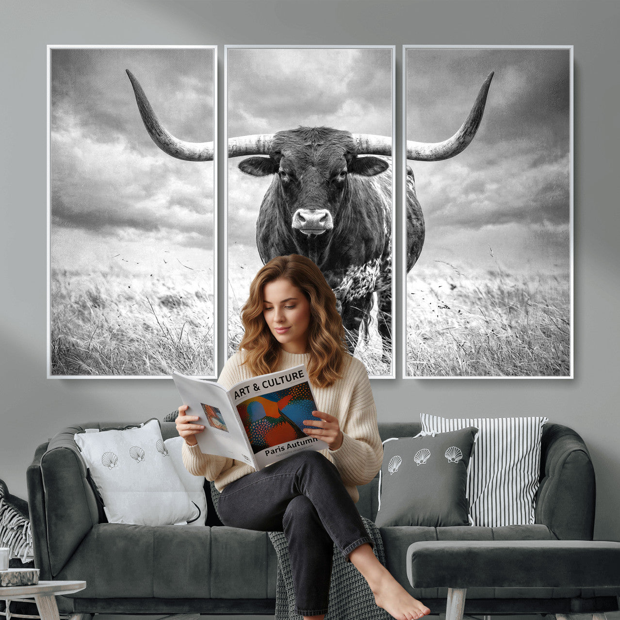 63336115-MGV-CV-36X24 - Texas Longhorn Canvas Wall Art Western Bull Desert Moody Grey Overcast Rustic Farmhouse Framed Large for Living Room Bedroom Office Decor