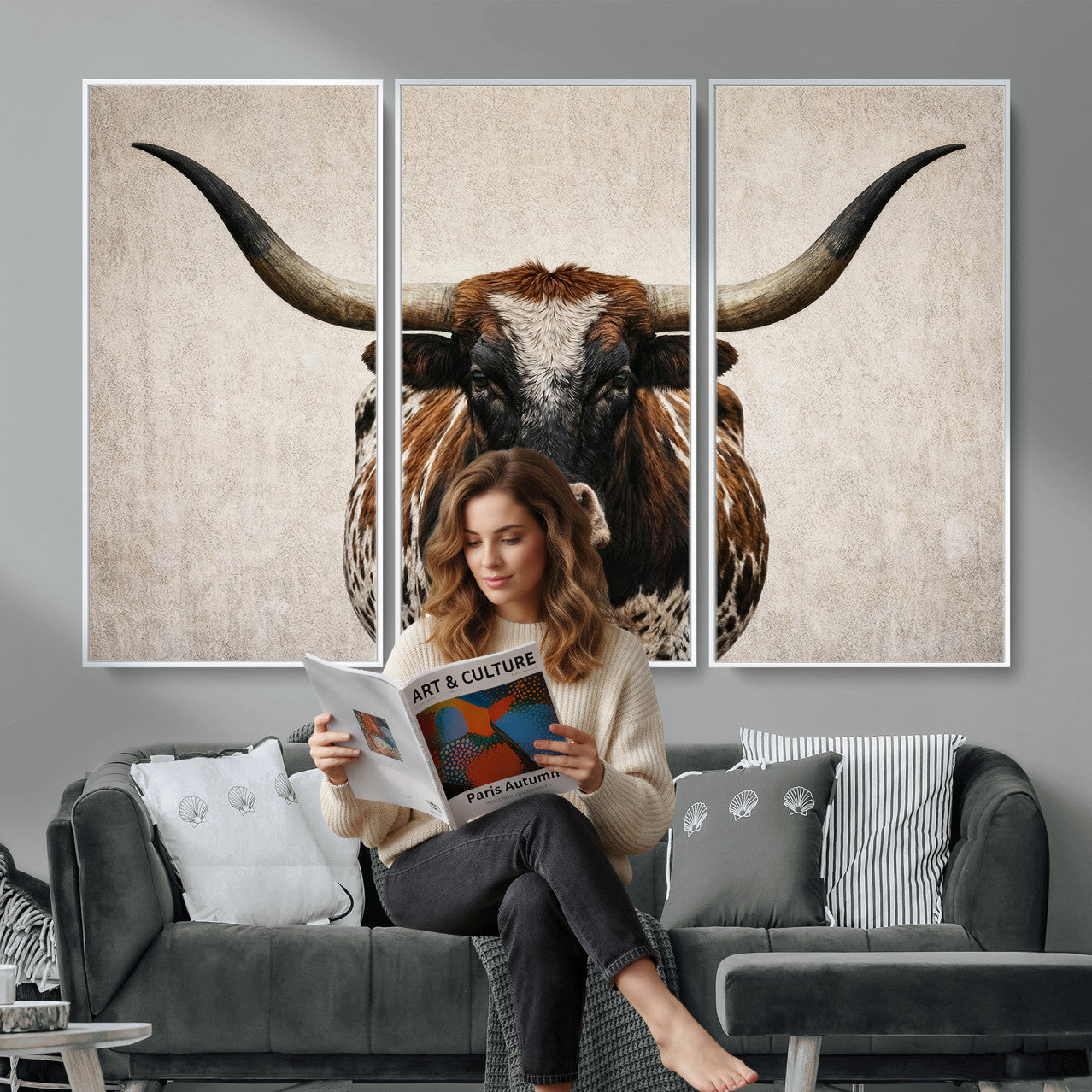 58622065-MGV-CV-36X24 - Texas Longhorn Canvas Wall Art Western Bull Desert Moody Grey Overcast Rustic Farmhouse Framed Large for Living Room Bedroom Office Decor