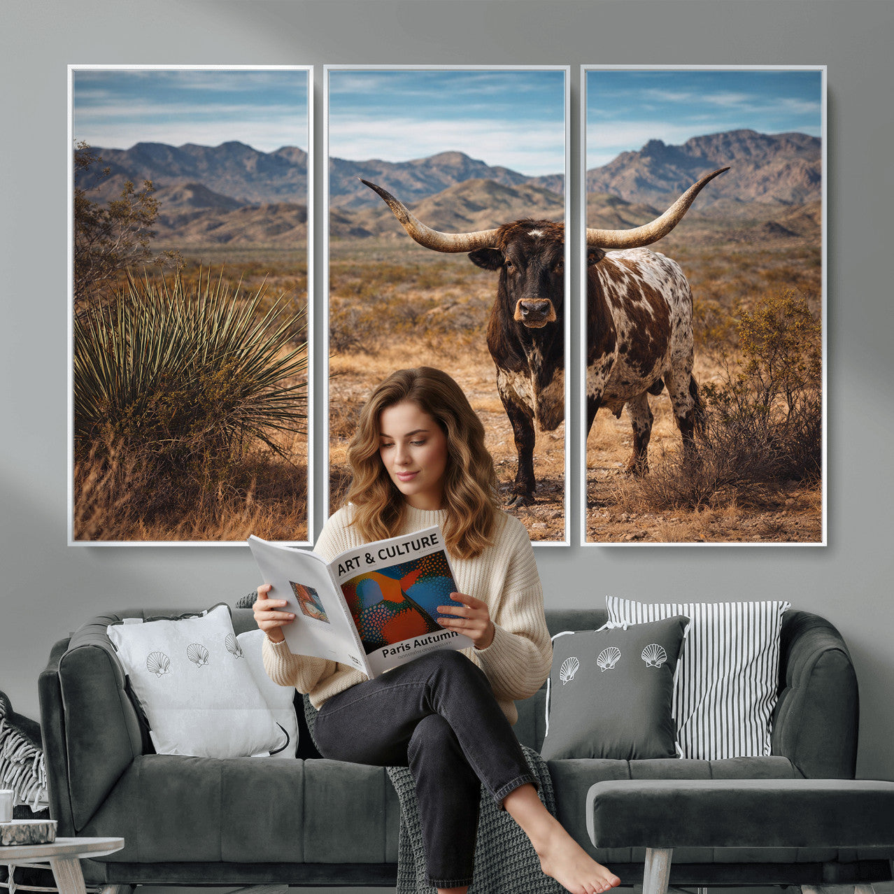26448918-MGV-CV-36X24 - Texas Longhorn Canvas Wall Art Western Bull Desert Moody Grey Overcast Rustic Farmhouse Framed Large for Living Room Bedroom Office Decor