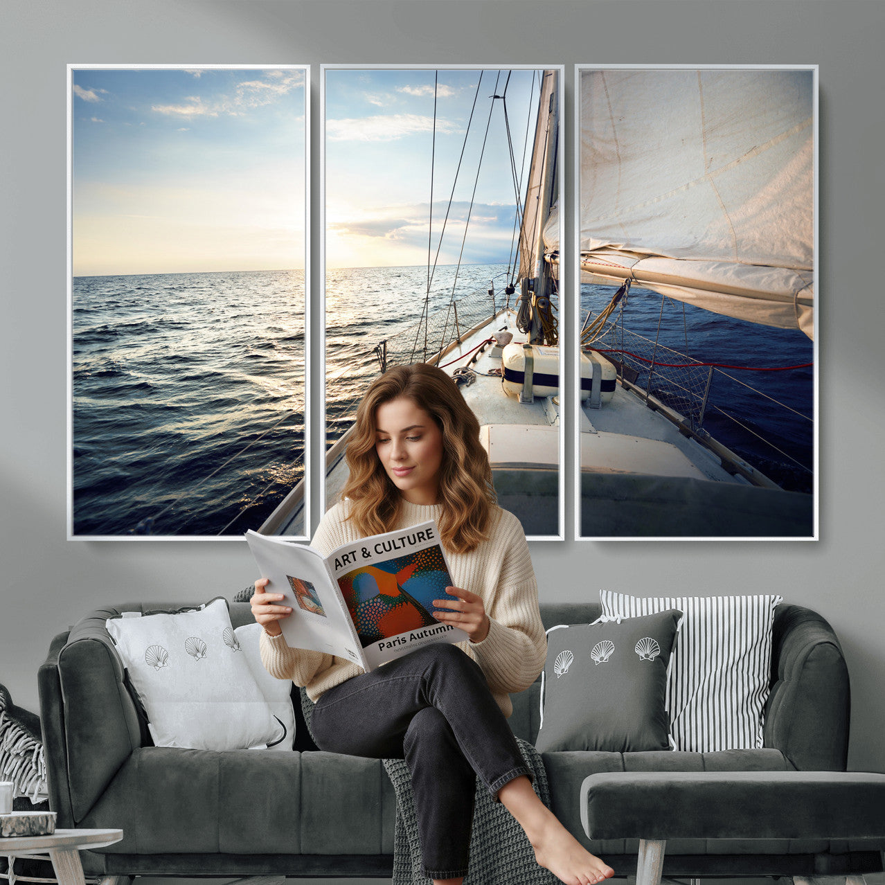 76381335-MGV-CV-36X24 - Sailboat Wall Art Canvas Print, Ocean Sunset Sailing Framed Artwork, Coastal Nautical Seascape Decor for Living Room Office Beach House