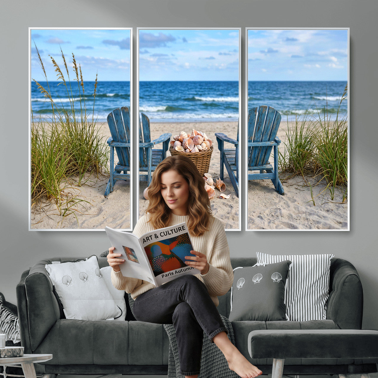 80268829-MGV-CV-36X24 - Large Beach Canvas Wall Art Coastal Adirondack Chairs Ocean Seashells Blue Nautical Framed Large for Living Room Bedroom Bathroom Decor