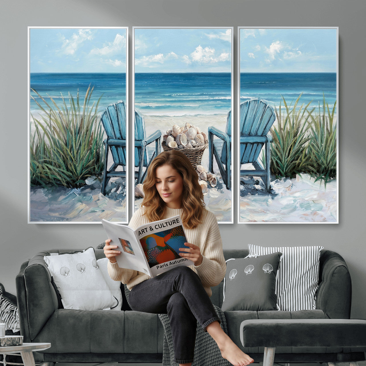 11973028-MGV-CV-36X24 - Beach Canvas Wall Art Coastal Adirondack Chairs Ocean Seashells Blue Nautical Framed Large for Living Room Bedroom Bathroom Decor